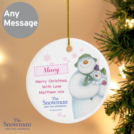 Personalised The Snowman & The Snowdog Pink Decoration Extra Image 1